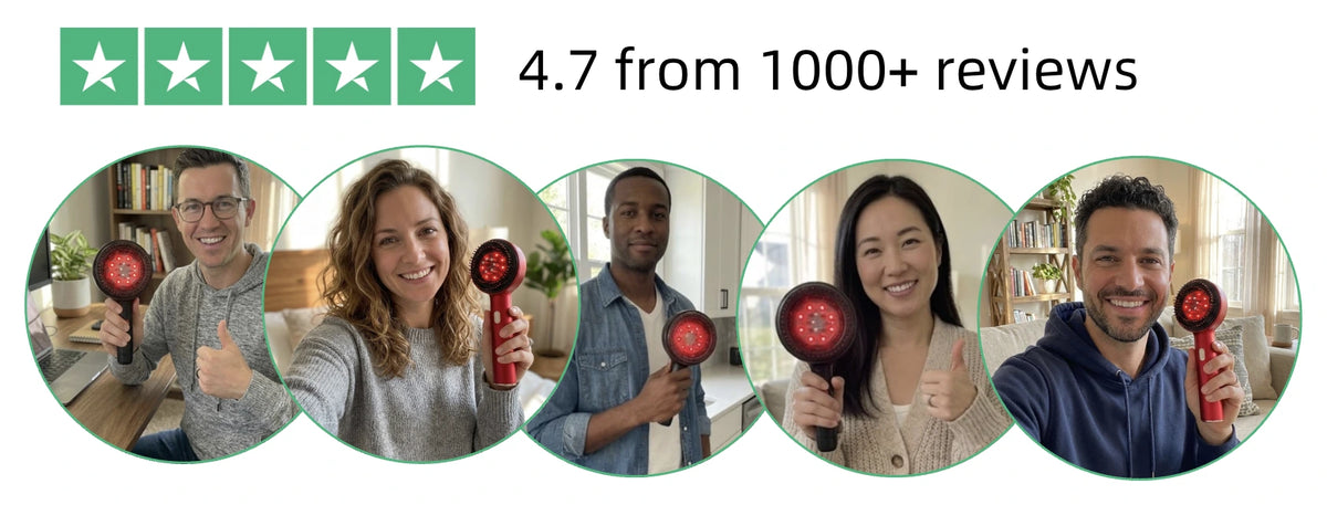 Happy customers holding PlentyComb red light scalp massager